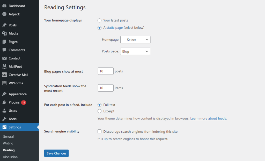 WordPress reading settings indiamyhelp